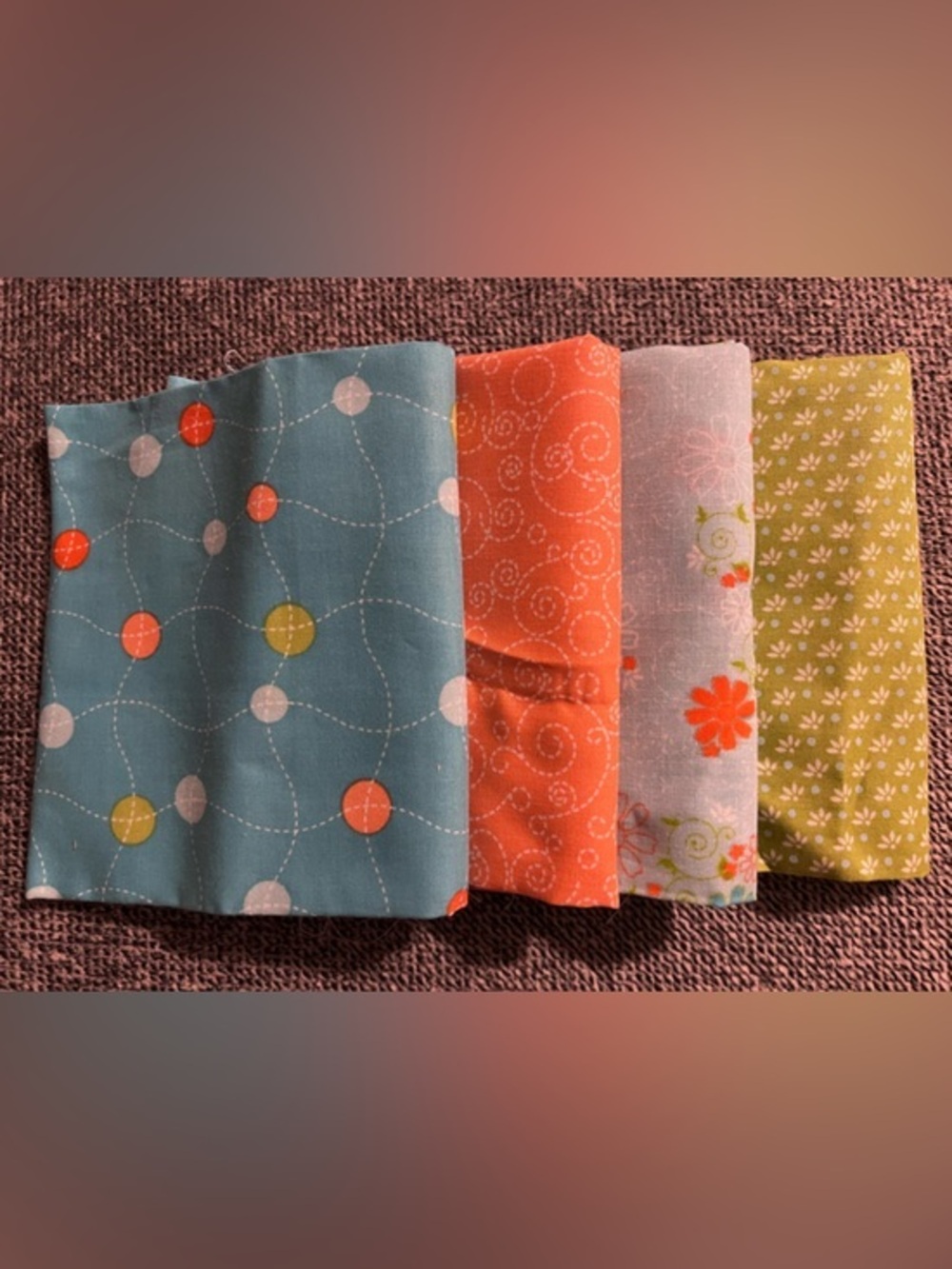 Set of Four Cotton Fabric Fat Quarters in Teal, Coral, Light Blue, and Olive